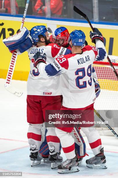 Goalie Patrik Bartosak of Czech Republic celebrates the win over team Germany after the 2019 IIHF Ice Hockey World Championship Slovakia quarter...