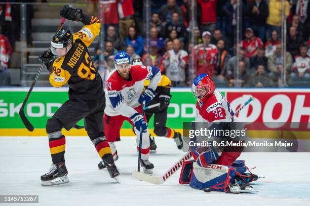 Marcel Noebels of Germany tries to score against Goalie Patrik Bartosak of Czech Republic during the 2019 IIHF Ice Hockey World Championship Slovakia...