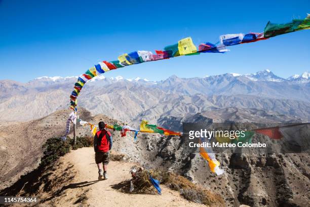 hiker relaxing on mountain high pass, upper mustang, nepal - nepal trekking stock-fotos und bilder