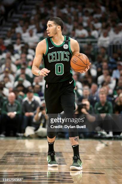 Jayson Tatum of the Boston Celtics dribbles the ball in the first quarter against the Milwaukee Bucks during Game One of Round Two of the 2019 NBA...