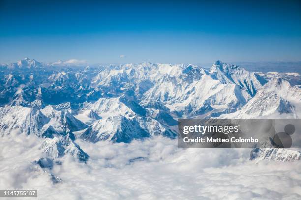 aerial view of himalaya range with mount everest, nepal - mt everest stock pictures, royalty-free photos & images