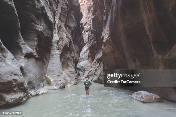 female hiker wading through a utah slot canyon - zion narrows stock pictures, royalty-free photos & images