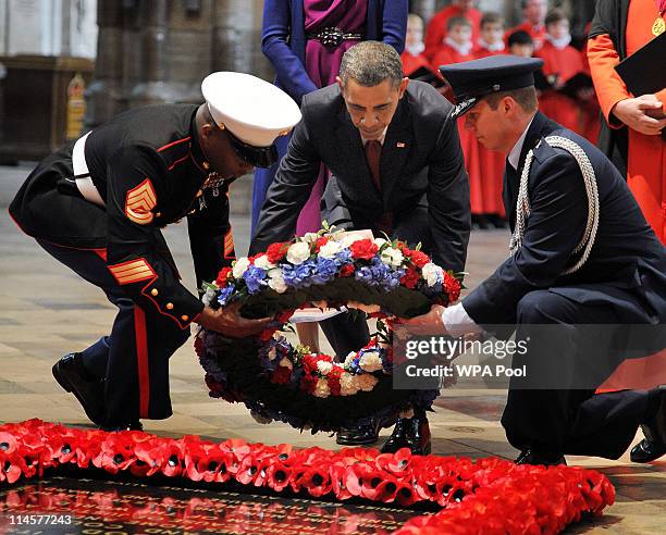 President Barack Obama lays a wreath at the tomb of the Unknown Soldier in the Abbey on May 24, 2011 in London, England. The 44th President of the...