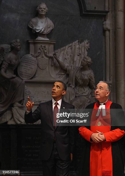 President Barack Obama takes a tour of Westminster Abbey with the Dean Dr John Hall on May 24, 2011 in London, England. The 44th President of the...