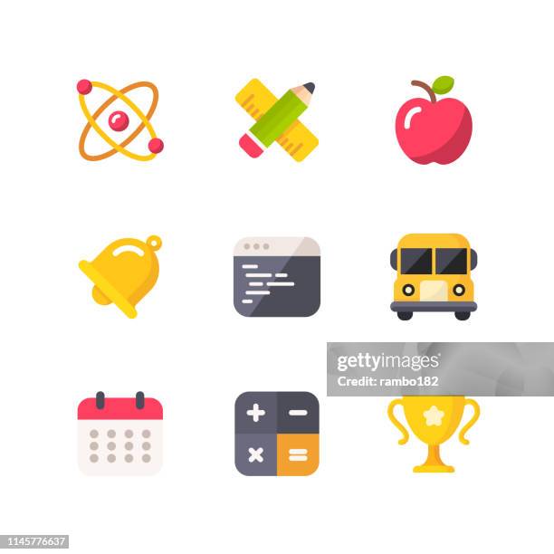 education flat icons.pixel perfect. for mobile and web. contains such icons as atom, apple, programming, school bus, trophy cup. - school bus stock illustrations