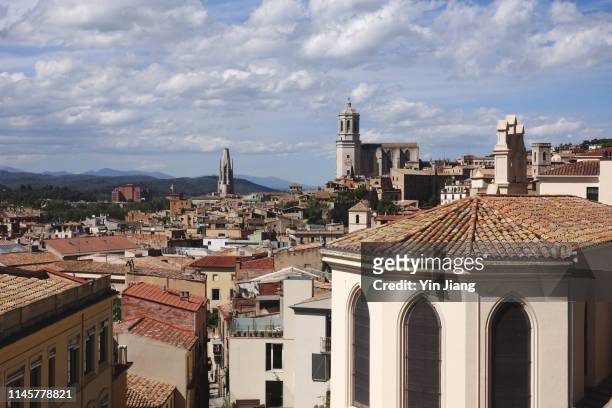 view of girona city and cathedral from above, catalonia, spain - gerona city fotografías e imágenes de stock