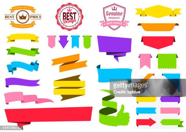 ilustrações de stock, clip art, desenhos animados e ícones de set of colorful ribbons, banners, badges, labels - design elements on white background - ribbon