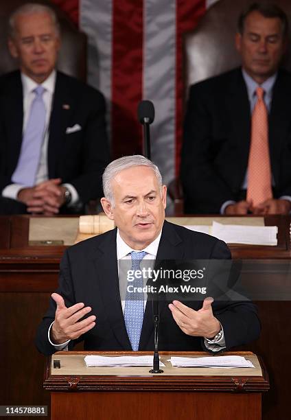 Israeli Prime Minister Benjamin Netanyahu addresses a joint meeting of the U.S. Congress May 24, 2011 on Capitol Hill in Washington, DC. Netanyahu...