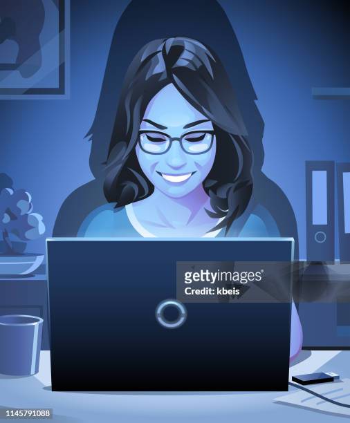 bildbanksillustrationer, clip art samt tecknat material och ikoner med ung kvinna som arbetar på laptop på natten - jobba över