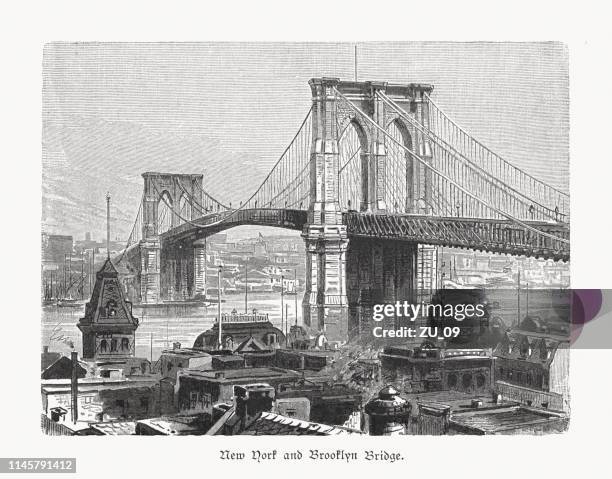stockillustraties, clipart, cartoons en iconen met brooklyn bridge, new york city, verenigde staten, houtgravure, gepubliceerd in 1897 - brooklyn bridge