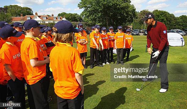 Padraig Harrington coaches children from Ascot Heath C of E Junior School and Harmanswater Primary School during an R&A Working for Golf Clinic at...
