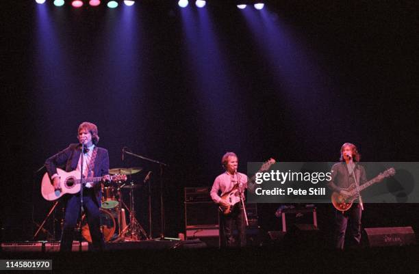 Ray Davies, Jim Rodford and Dave Davies of The Kinks perform on stage at Hammersmith Odeon, on May 28th, 1979 in London, England.