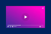 Modern interface video player. Template for applications and web technology. Blue background.