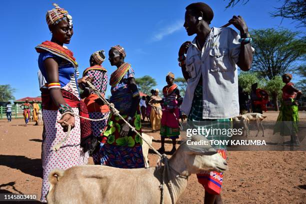 Traditional Samburu man haggles for a goat with a woman from the same community at Merille livestock market, some 411km north of Nairobi in Kenya's...