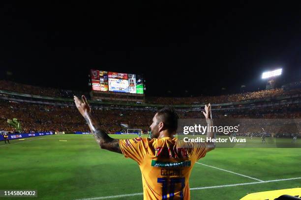 Andre Pierre Gignac of Tigres celebrates after scoring the first goal of his team during the Final first leg match between Tigres UANL and Leon as...