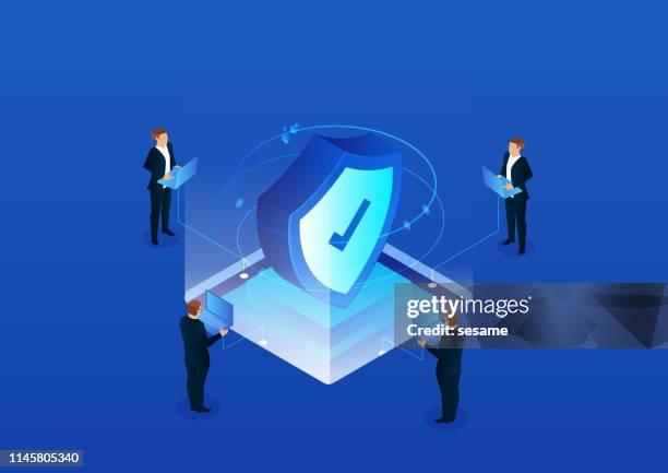 illustrazioni stock, clip art, cartoni animati e icone di tendenza di tecnologia di sicurezza della rete isometrica - assonometria
