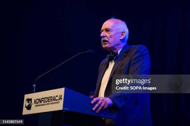 Janusz Korwin-Mikke, one of the Leaders of the far right and Eurosceptic Confederation Coalition seen delivering a speech during a campaign...