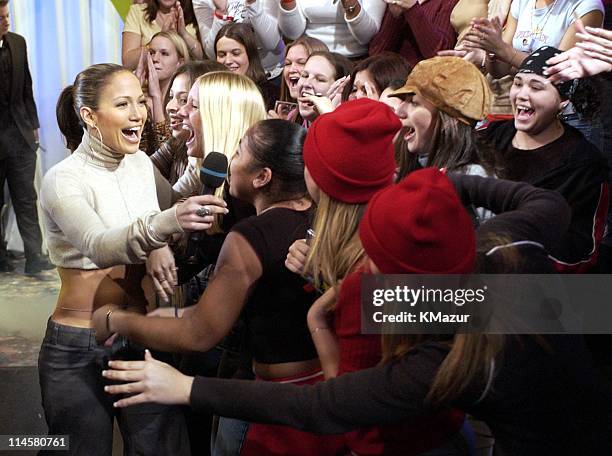 Jennifer Lopez and fans during Jennifer Lopez Visits MTV's "TRL" - November 26, 2002 at MTV Studios in New York City, New York, United States.
