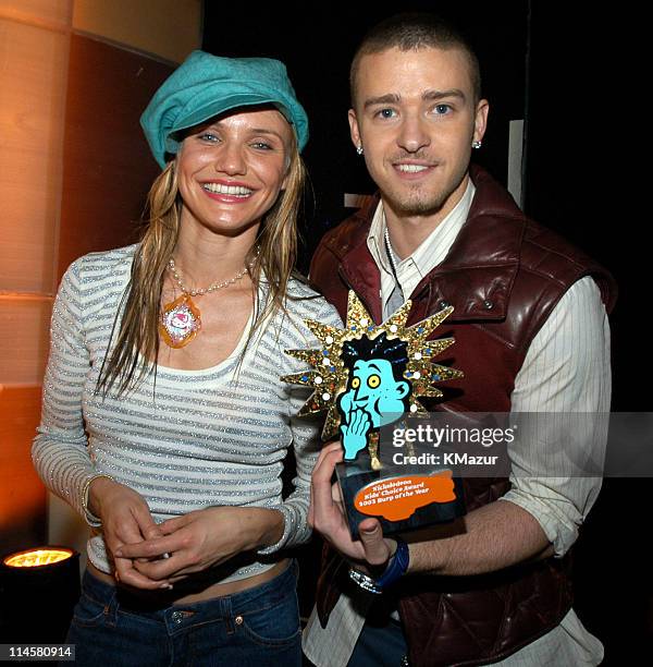 Cameron Diaz and Justin Timberlake during Nickelodeon Kids Choice Awards 2003 - Backstage at Barker Hangar in Santa Monica, California, United States.