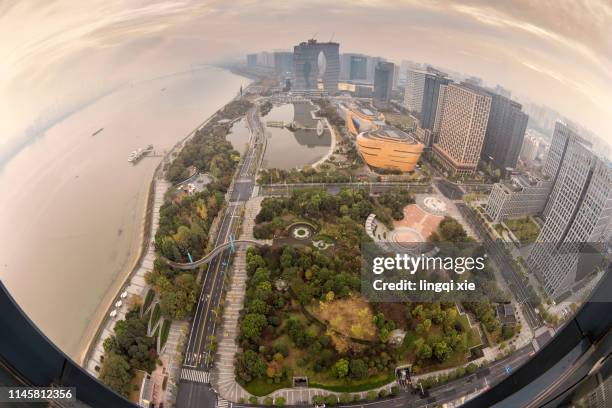 hangzhou binjiang new district under the fisheye lens - hdri 360 stock-fotos und bilder