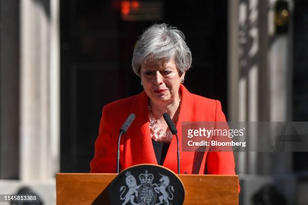 Theresa May, U.K. Prime minister, reacts as she delivers a speech announcing her resignation outside number 10 Downing Street in London, U.K., on...