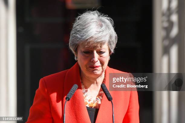 Theresa May, U.K. Prime minister, reacts as she delivers a speech announcing her resignation outside number 10 Downing Street in London, U.K., on...