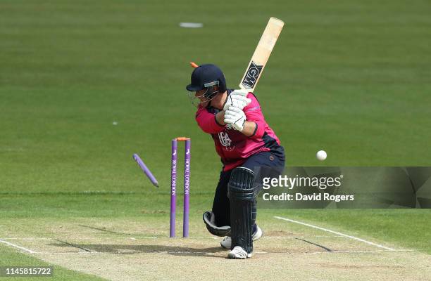 Richard Levi of Northamptonshire is bowled first ball of the match by Mohammad Amir during the tour match between Northamptonshire and Pakistan at...