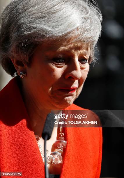 Britain's Prime Minister Theresa May reacts as she announces her resignation outside 10 Downing street in central London on May 24, 2019. Beleaguered...