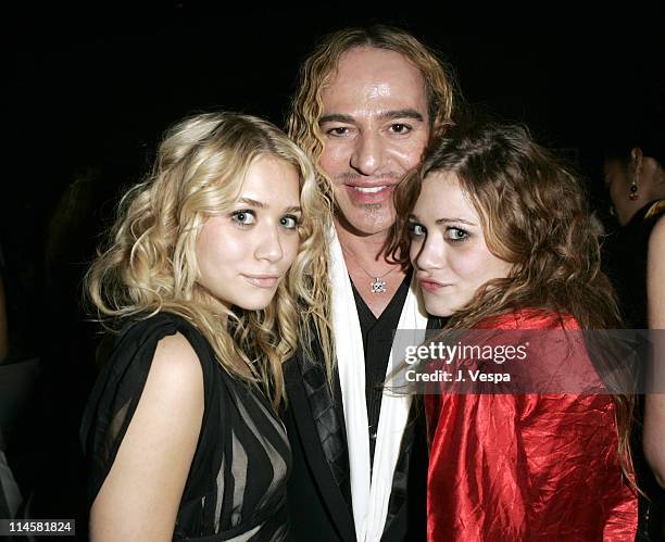 Ashley Olsen, John Galliano and Mary-Kate Olsen during amfAR "Cinema Against AIDS" Gala Presented By Miramax Films, Palisades Pictures and...