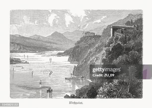 hudson river near west point, new york, usa, woodcut, 1897 - west point new york stock illustrations