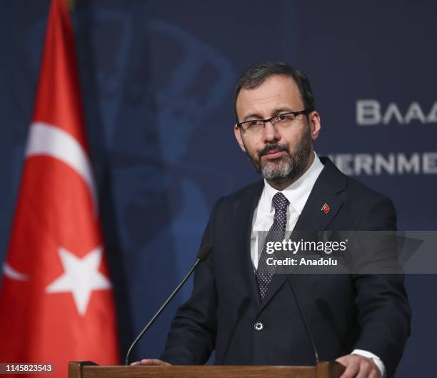 Turkish Youth and Sports Minister Mehmet Muharrem Kasapoglu and Serbian Sports Minister Vanja Udovicic hold a press conference after their meeting in...