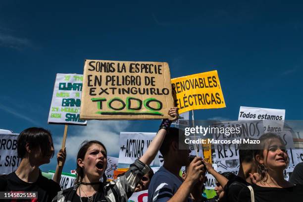 Woman shouting with a placard that reads 'we are the species in danger of extinguishing everything'. Environmental activists of movement 'Fridays for...
