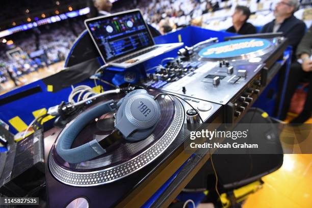 Generic view of the DJ table prior to the game between the Golden State Warriors and Dallas Mavericks on March 23, 2019 at ORACLE Arena in Oakland,...