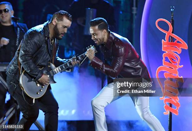 Lenny Santos and Romeo Santos of Aventura perform during the 2019 Billboard Latin Music Awards at the Mandalay Bay Events Center on April 25, 2019 in...