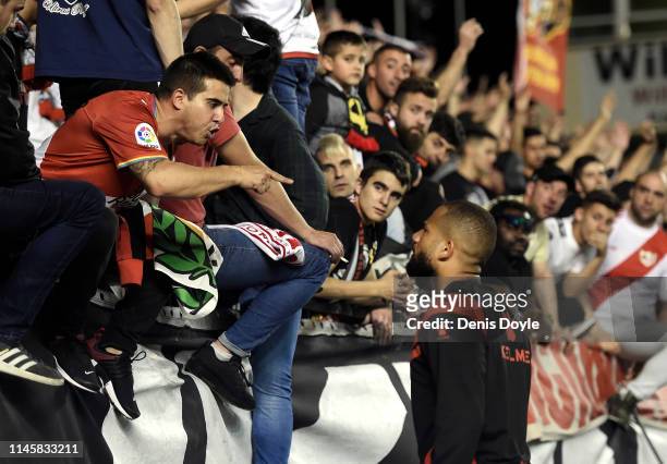 Tiago Manuel Dias alias ‘Bebe’ of Rayo Vallecano de Madrid talks to a Rayo fan at the end of the La Liga match between Rayo Vallecano de Madrid and...