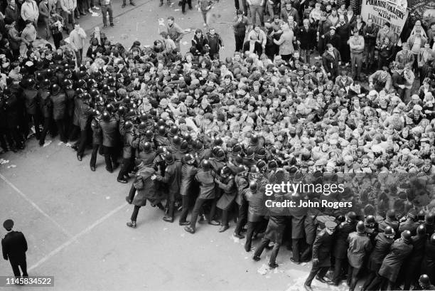 Pickets clash with police outside the National Union of Mineworkers headquarters, Sheffield, UK, 13th April 1984.