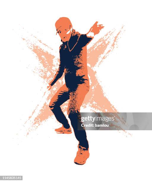 silhouette ninja with grungy background coral and midnight blue - dance logo stock illustrations