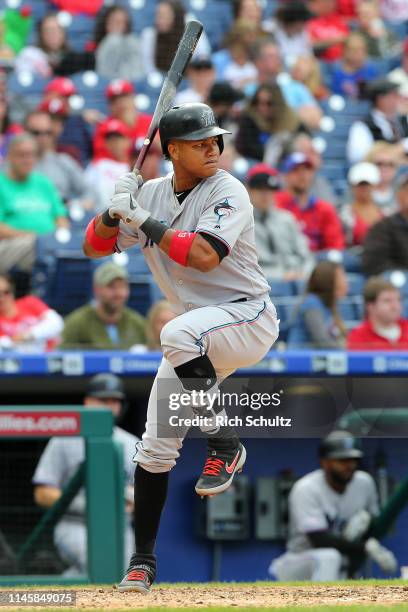 Starlin Castro of the Miami Marlins in action against the Philadelphia Phillies during a game at Citizens Bank Park on April 28, 2019 in...