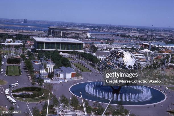Bird's-eye view of the Unisphere, the United States Pavilion, and Shea Stadium, 1964 New York World's Fair, Flushing Meadows Park, Queens, New York,...