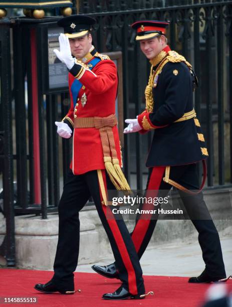 Prince William, accompanied by best man Prince Harry, arrives to marry Catherine Middleton at Westminster Abbey on April 29, 2011 in London, England.