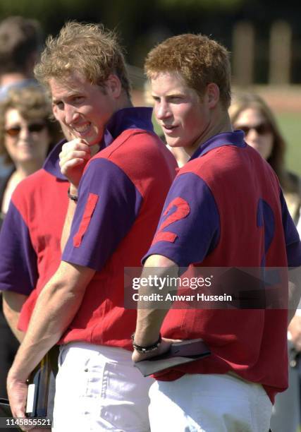 Prince William and Prince Harry, wearing number 1 and number 2 polo shirts, smile after playing in the St James's Place polo day charity match for...