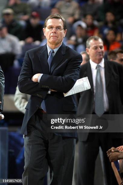 University of Connecticut assistant basketball coach George Blaney watches the action during a game against Georgetown, Storrs, Connecticut, February...