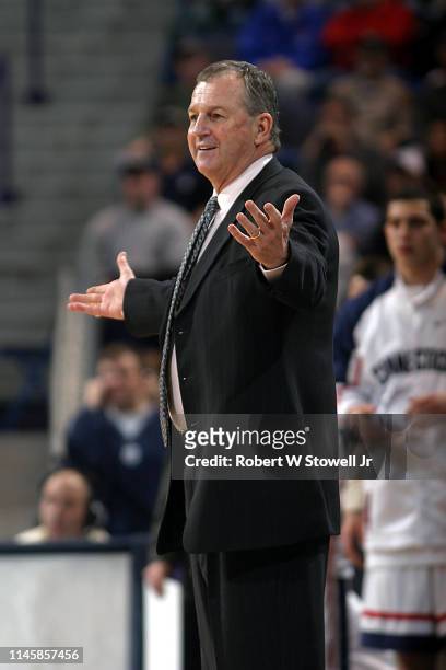 University of Connecticut head basketball coach Jim Calhoun questions a call during a game against Georgetown, Storrs, Connecticut, February 21, 2004.