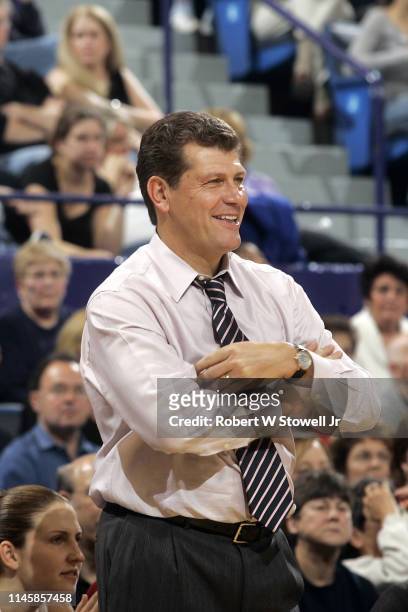 American Hall of Fame basketball coach Geno Auriemma reacts to a call while coaching the University of Connecticut women's basketball team during a...