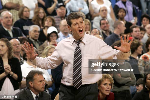 American basketball coach Geno Auriemma is upset with a call during a University of Connecticut women's basketball game against the University of...