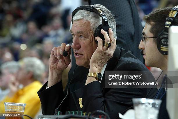 University of Connecticut baseball coaching legend Andy Baylock gives a radio interview during a University of Connecticut women's basketball game at...