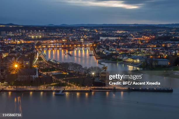 aerial view of city skyline - koblenz stock-fotos und bilder