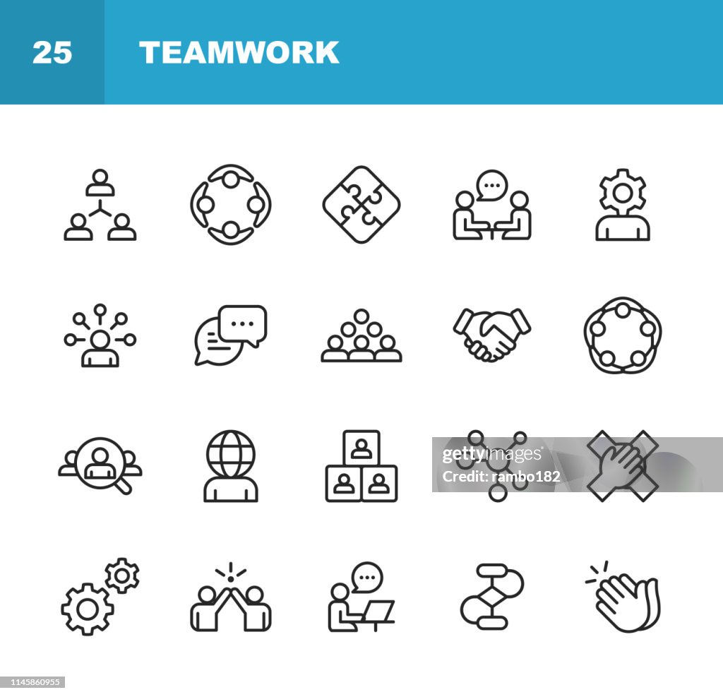 Teamwork Line Icons. Bearbeitbare Stroke. Pixel Perfect. Für Mobile und Web. Enthält solche Ikonen wie Business Meeting, Kooperation, Applause, High Five, Leadership.