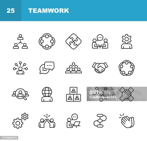 stockillustraties, clipart, cartoons en iconen met teamwork line iconen. bewerkbare lijn. pixel perfect. voor mobiel en web. bevat pictogrammen als zakelijke bijeenkomst, samenwerking, applaus, high five, leiderschap. - organisieren