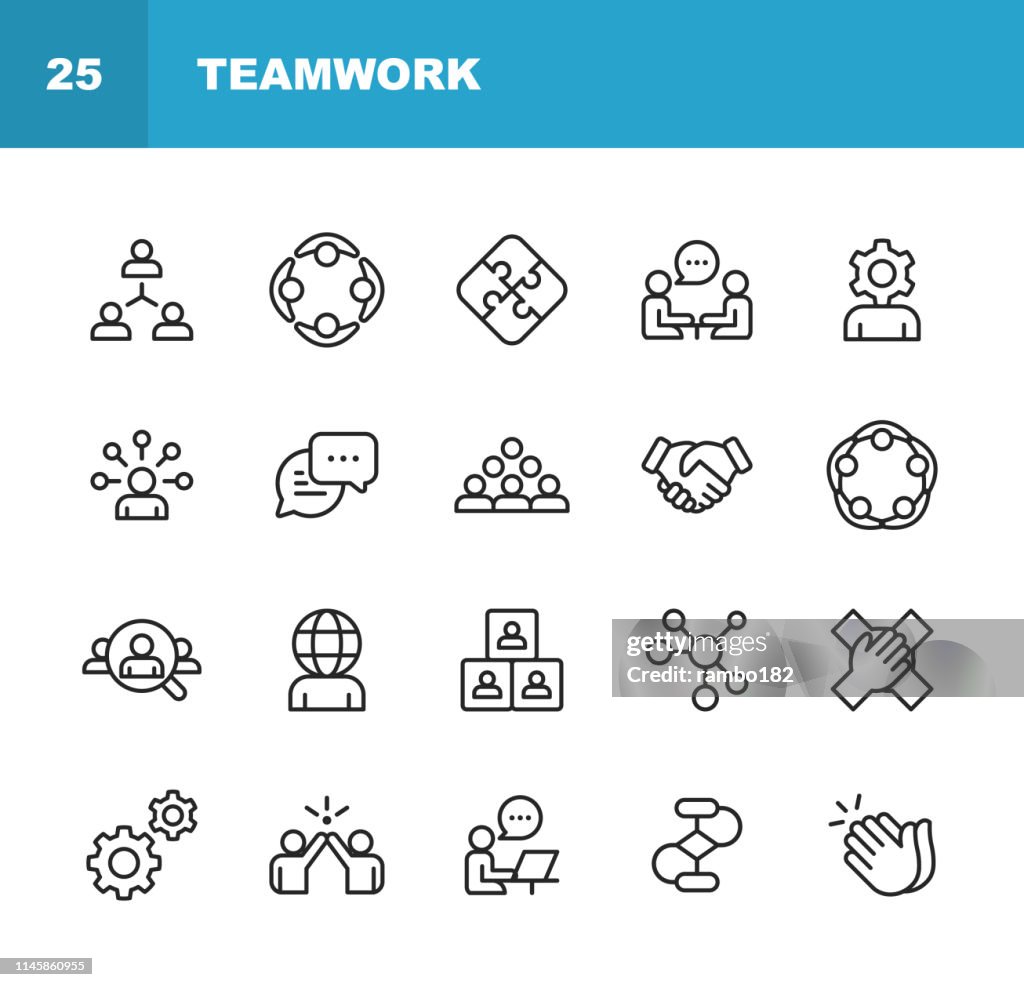 Ícones da linha dos trabalhos de equipa. Traçado editável. Pixel perfeito. Para Mobile e Web. Contém tais ícones como reunião de negócios, cooperação, aplausos, High Five, liderança.